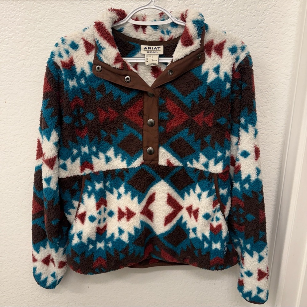 Ariat Teal Burgundy White Aztec Sherpa Pullover